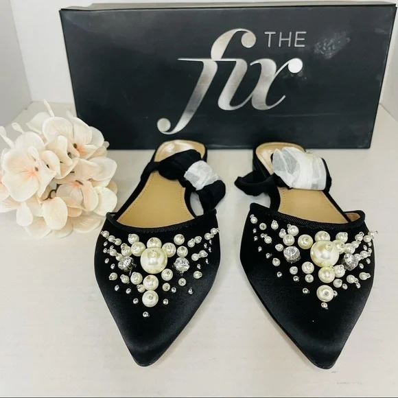 The Fix Women's Porter Pointed Toe Ankle Wrap Flat Slide Pearls Black. - Picture 3 of 7